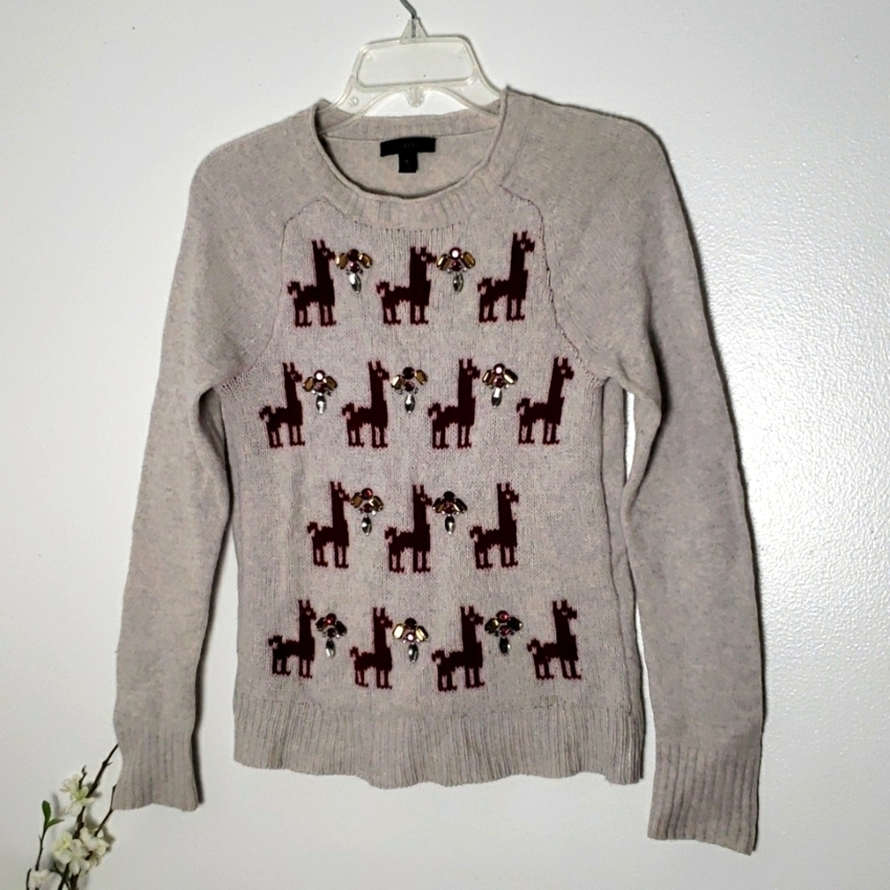 J crew wool lama and beaded sweater, chunky knit, crew neck, holiday, women's XS
